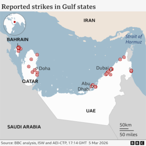 Map से खाड़ी देशों में ईरान द्वारा एक सप्ताह तक चले हमलों की सीमा का पता चलता है, राष्ट्रपति ने एक दुर्लभ माफी जारी की है।